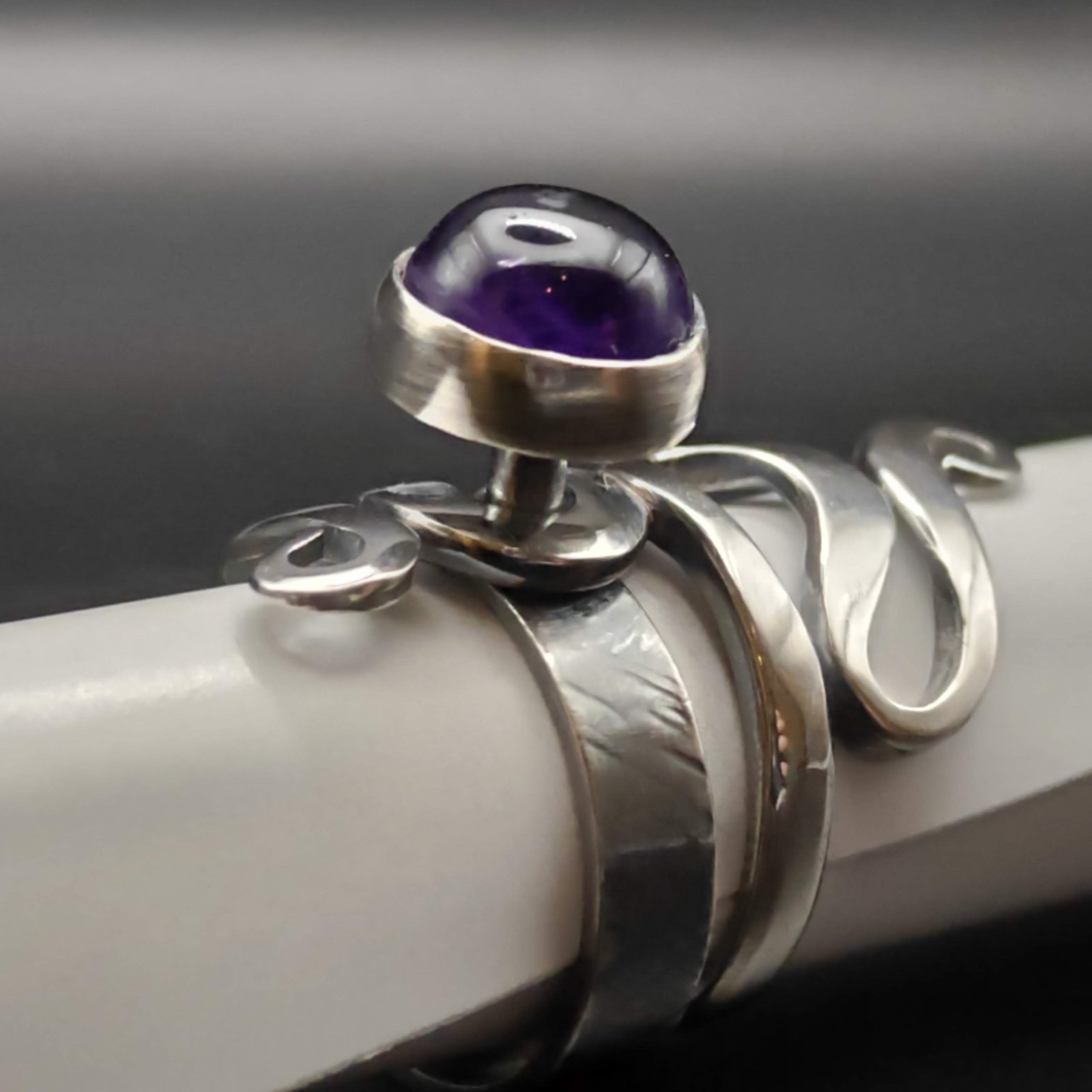 Forged sterling silver organic ring with amethyst